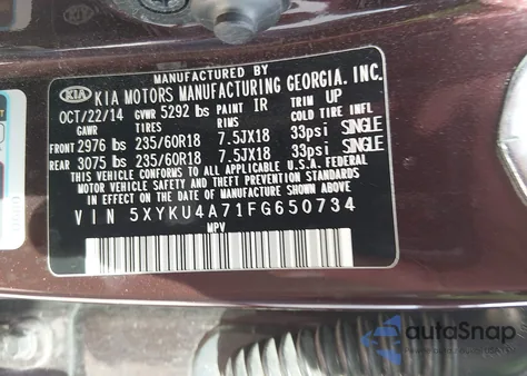 2015 Kia Sorento Ex V6 из США, поврежденный, VIN 5XYKU4A71FG650734